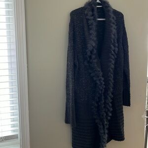 [2XL]Sioni Snap Button Rabbit Fur Trim Mixed Texture Cardigan